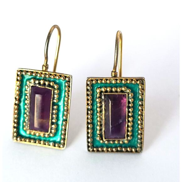 Amethyst Earrings Sterling Artisan Hand Crafted Enamel Pierced Gold Finish - Picture 2 of 10
